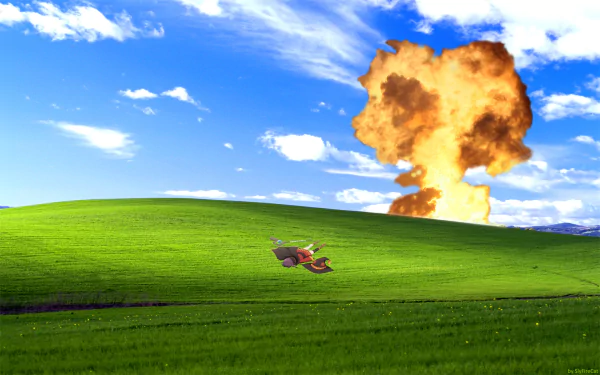 HD wallpaper featuring Megumin from the anime KonoSuba - God’s blessing on this wonderful world!! on a green field with a dramatic explosion in the background.