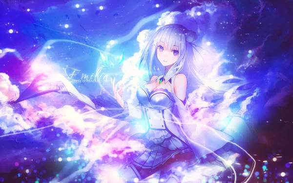 HD desktop wallpaper featuring Emilia from the anime Re:Zero - Starting Life in Another World, surrounded by a vibrant, magical backdrop.