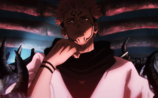Dark anime HD wallpaper featuring a brooding character from Jujutsu Kaisen with ominous tentacle-like shadows in the background, set against a moody, dim-lit backdrop.