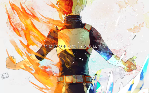 HD desktop wallpaper featuring Shoto Todoroki from the anime My Hero Academia, showcasing an artful depiction of his fiery and icy abilities in a dynamic and vibrant scene.