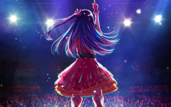 HD desktop wallpaper featuring Ai Hoshino from the anime Oshi no Ko, standing on stage with vibrant lighting in the background.