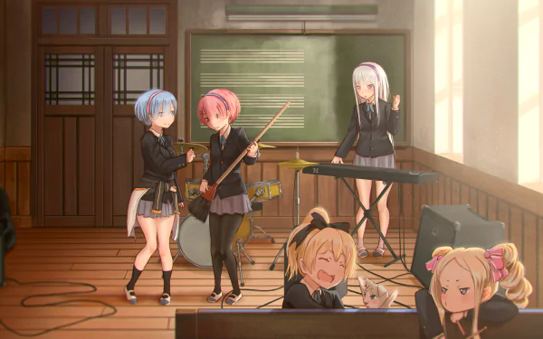 HD desktop wallpaper featuring characters from Re:ZERO and K-ON! in a classroom setting, playing musical instruments. Characters have colorful hairstyles including blue and pink hair.