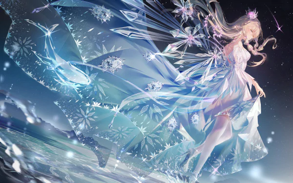 4K Ultra HD anime wallpaper featuring a graceful anime girl in a flowing, crystal-like dress with intricate snowflake patterns against a shimmering night sky.