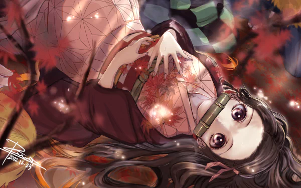 4K Ultra HD wallpaper featuring Nezuko Kamado from Demon Slayer: Kimetsu no Yaiba in vibrant anime art style with dynamic lighting and detailed background.
