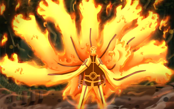 HD wallpaper featuring Naruto Uzumaki in Sage of Six Paths mode, from the anime Naruto, enveloped in a fiery aura with multiple chakra arms extending behind him.