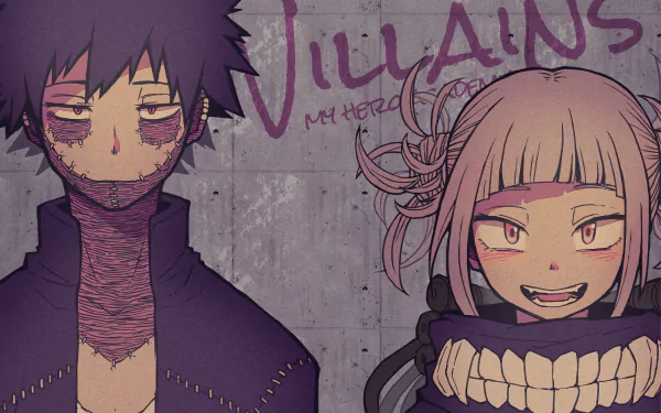 A high-definition desktop wallpaper featuring Himiko Toga and Dabi from the anime My Hero Academia, with the word Villains written in the background.