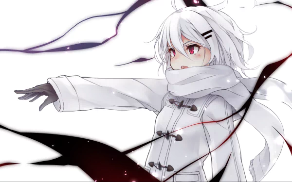 An anime girl with short white hair, pink eyes, and a white scarf stands against a white background. She is wearing a white jacket, extending her arm, with black and red swirls around her. HD desktop wallpaper.