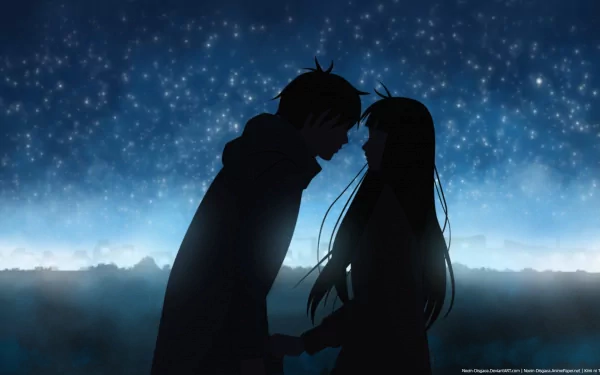 HD desktop wallpaper featuring Shota Kazehaya and Sawako Kuronuma from the anime Kimi Ni Todoke, depicted as silhouettes against a starry night sky, evoking a serene and romantic atmosphere.