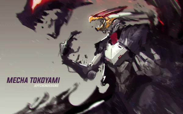 HD desktop wallpaper featuring Fumikage Tokoyami in a mecha design from the anime My Hero Academia. The artwork showcases Tokoyami in an armored suit against a dynamic background. Text reads “Mecha Tokoyami.”