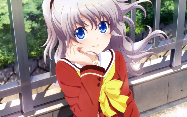 A smiling girl with long white hair in twintails and blue eyes, wearing a school uniform with a large yellow bow. The HD wallpaper features the character Nao Tomori from the anime Charlotte.