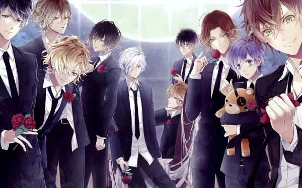 HD desktop wallpaper and background featuring characters from the anime Diabolik Lovers, showcasing nine characters dressed in suits, each holding a rose or other item, in a stylish and atmospheric setting.
