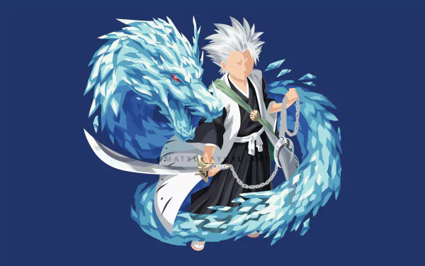 Tōshirō Hitsugaya from Bleach stands confidently with a glowing icy dragon swirling around him in this vibrant 8K Ultra HD anime desktop wallpaper.