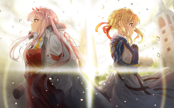 HD desktop wallpaper featuring a crossover of Violet Evergarden with blonde hair and Zero Two from Darling in the FranXX with pink hair, both standing back-to-back in a glowing light.