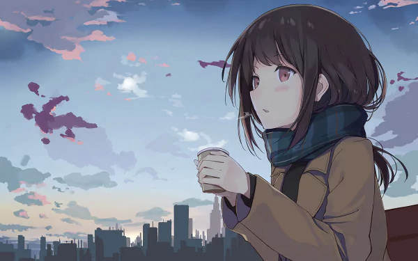 Anime girl with brown hair and eyes gazes at a city skyline, holding a cup. The sky is a blend of blues and pinks, creating a serene atmosphere. HD desktop wallpaper.