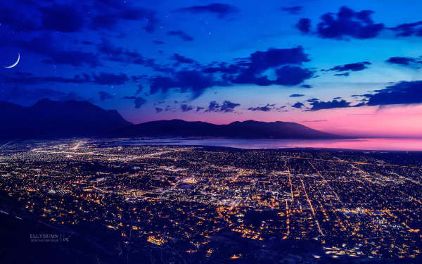 HD anime-style night scene wallpaper featuring a city with twinkling lights, water bodies, mountains, clouds, and a crescent moon illuminating the landscape beautifully.