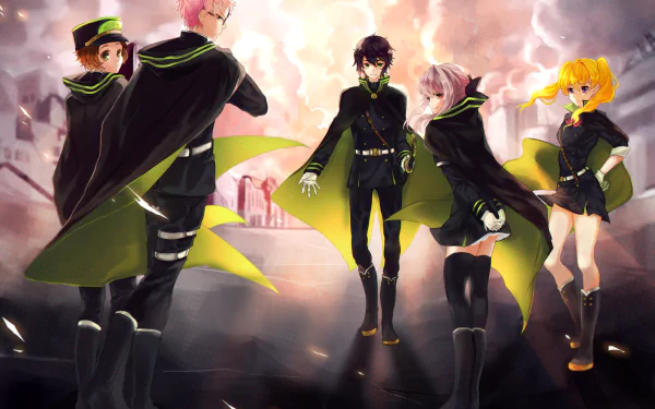 HD desktop wallpaper featuring characters from the anime Seraph of the End, standing dramatically against a backdrop of a ruined city and a smoky sky.