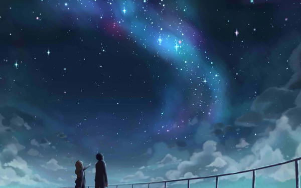 HD desktop wallpaper featuring a scene from the anime Your Lie in April, depicting two characters standing beneath a starry night sky with a vibrant array of stars and clouds.