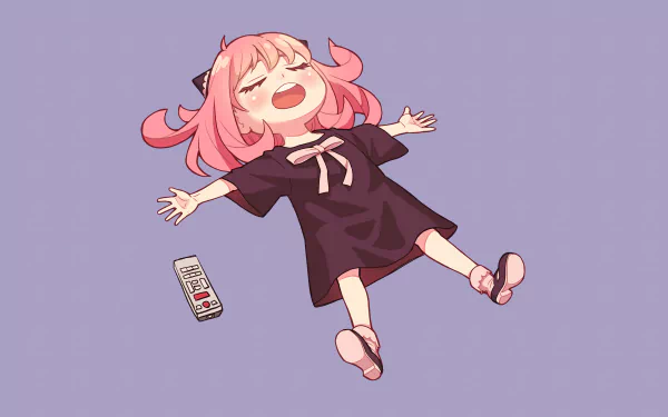 Anime-style 4K Ultra HD desktop wallpaper featuring Anya Forger from Spy x Family lying on her back with a remote nearby against a plain purple background.