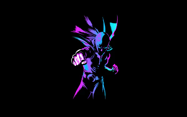 Neon-themed One-Punch Man anime character in vivid blue and purple hues, set against a black background, rendered in striking 8K Ultra HD detail.