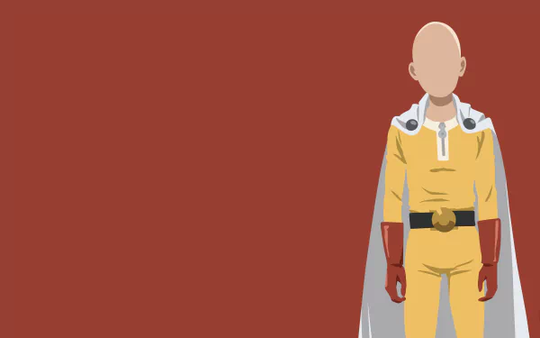 Minimalist HD desktop wallpaper of Saitama from the anime One-Punch Man, featuring a simple, clean design with a red background and Saitama in his iconic yellow costume.