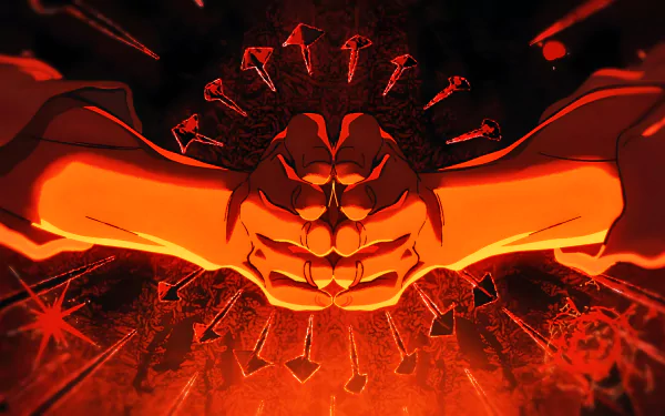 Anime-inspired Jujutsu Kaisen scene featuring intense glowing fists and dynamic red energy, rendered in 4K Ultra HD for PC desktop wallpaper and background.