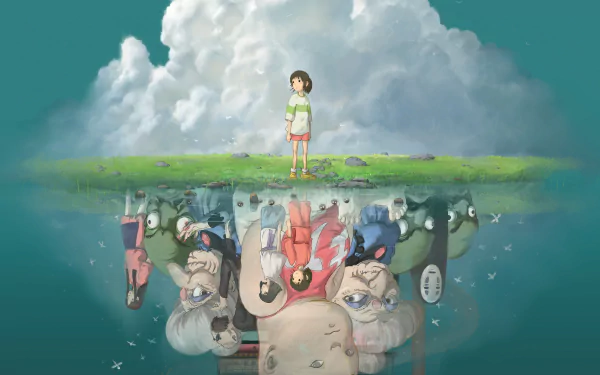 A vibrant 4K Ultra HD wallpaper featuring a character from Studio Ghibli's Spirited Away, surrounded by enchanting creatures in a surreal landscape reflecting a whimsical world.