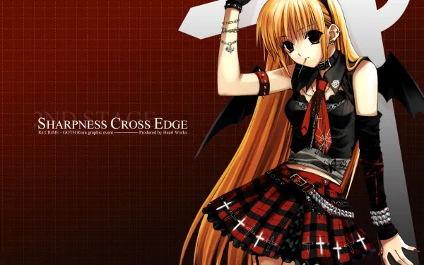 HD desktop wallpaper featuring an anime character from Re:Crime. The character is dressed in punk attire with a red plaid skirt and a black top, against a red background with the text Sharpness Cross Edge.