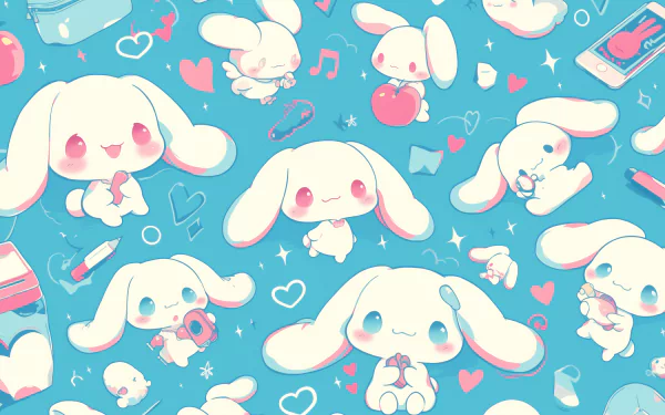 HD wallpaper featuring a cute pattern of Cinnamoroll, the Sanrio anime character, with hearts and accessories on a blue background.