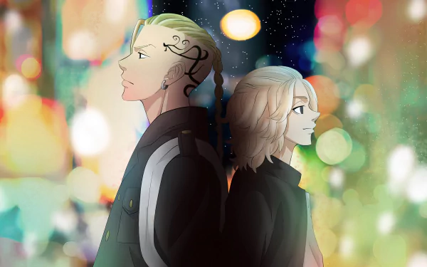 HD image of Ken Ryuguji and Mikey Manjiro Sano from Tokyo Revengers. The characters stand back-to-back against a colorful, bokeh-lit background.