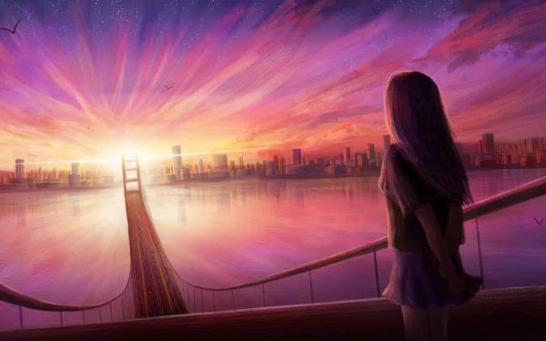 Anime-style HD wallpaper showing a scenic evening sunset over a bridge, with a young character gazing at the vibrant sky, set against a cityscape in the background.