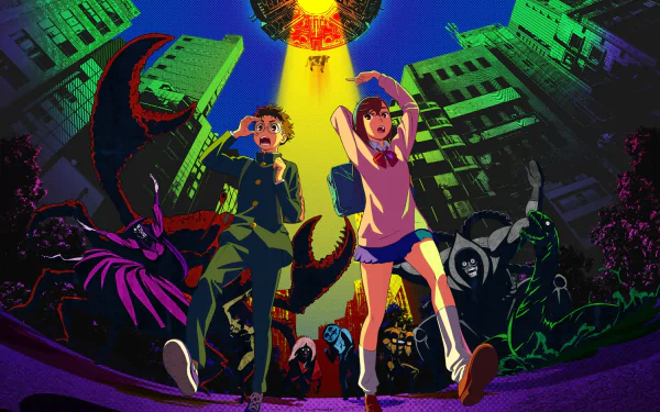 HD anime PC desktop wallpaper featuring Momo Ayase and Ken Takakura from Dandadan running through a cityscape with giant scorpion claws and eerie creatures.