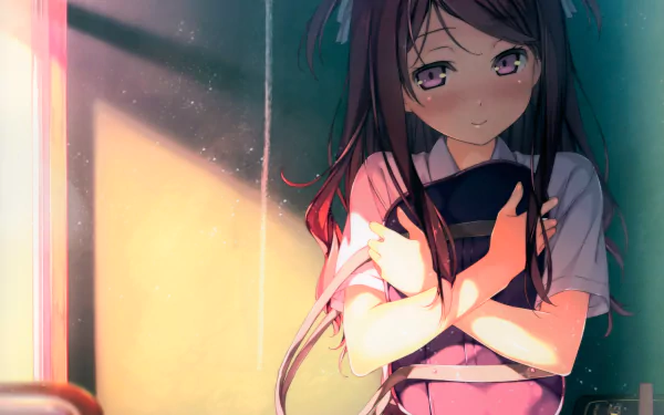 HD desktop wallpaper featuring an anime girl from 5 Nenme no Houkago holding a book with soft sunlight illuminating the room.
