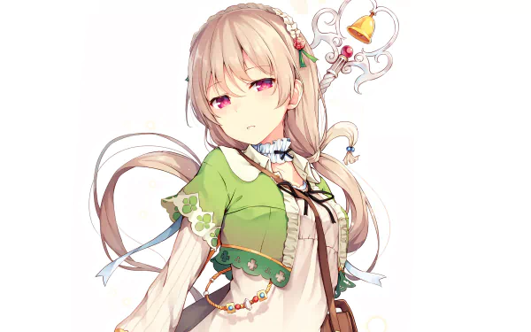 Anime-style HD desktop wallpaper featuring a pensive girl with long blonde hair, dressed in a green and white outfit, adorned with floral accessories.