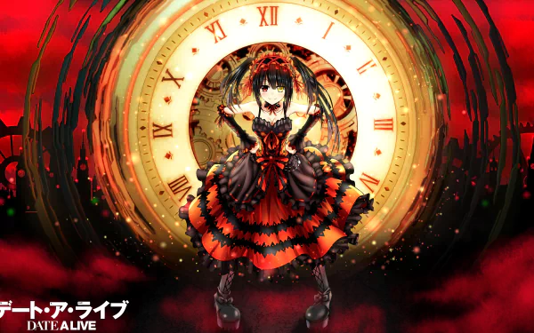 HD desktop wallpaper featuring a character from the anime Date A Live, standing in front of a large clock with a red and black gothic backdrop. Text at the bottom reads “Date A Live” in Japanese and English.