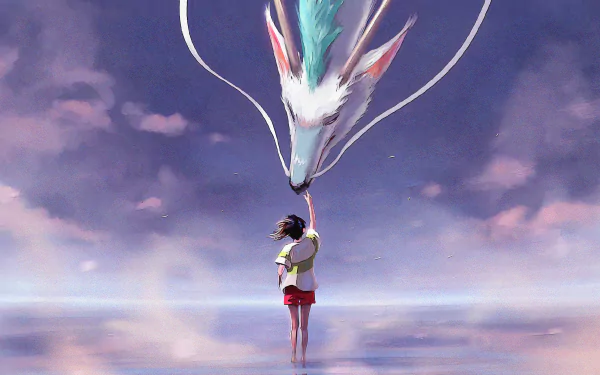 A serene HD wallpaper from the anime Spirited Away, featuring a girl touching the snout of a majestic dragon against a tranquil sky and water backdrop.
