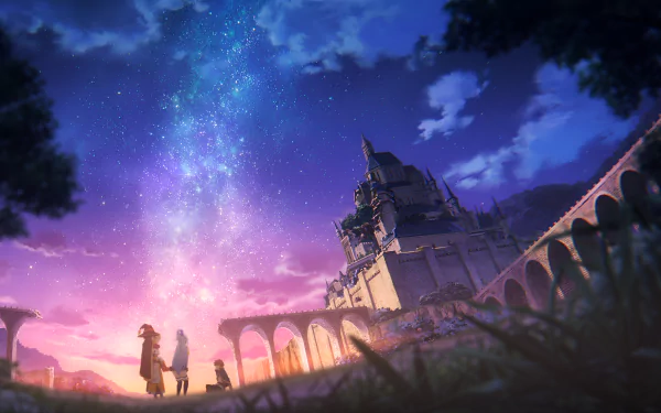 4K Ultra HD anime wallpaper from KonoSuba - God’s blessing on this wonderful world!! featuring characters silhouetted against a vibrant twilight sky near a grand castle.