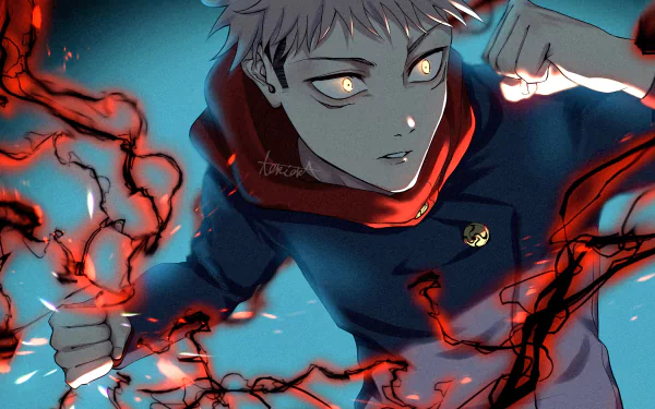 HD anime desktop wallpaper featuring Yuji Itadori from Jujutsu Kaisen, surrounded by glowing red energy with intense eyes and dynamic pose.