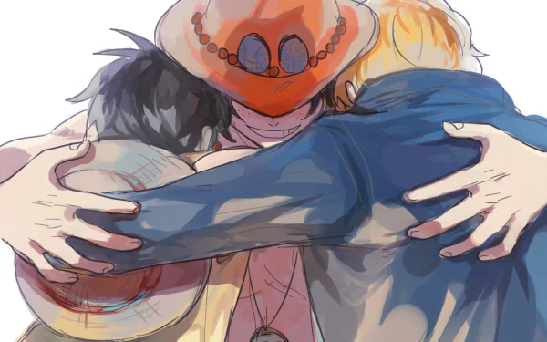 HD desktop wallpaper of Portgas D. Ace, Monkey D. Luffy, and Sabo from One Piece hugging, showcasing their strong bond and featuring smiling faces, black hair, and hats in an anime style.