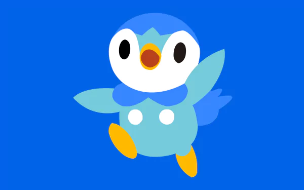 Vibrant 8K Ultra HD anime-style wallpaper featuring Piplup from Pokémon against a solid blue background, designed for PC desktops.