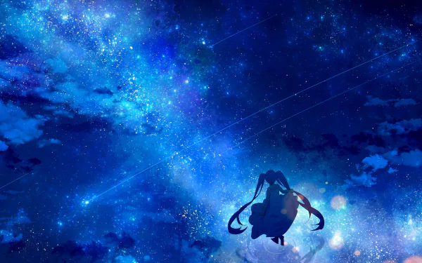 A 4K Ultra HD anime-style wallpaper featuring Hatsune Miku from Vocaloid, silhouetted against a vibrant, star-filled night sky with glowing cosmic elements.