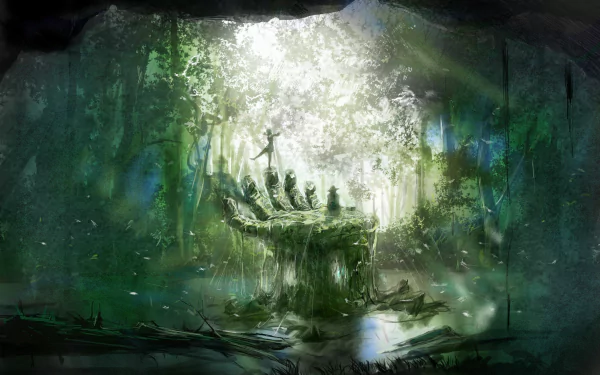 HD anime desktop wallpaper depicting a fantastical forest scene with a glowing figure standing on a giant hand made of rock and moss. The backdrop is lush with greenery and ethereal light.