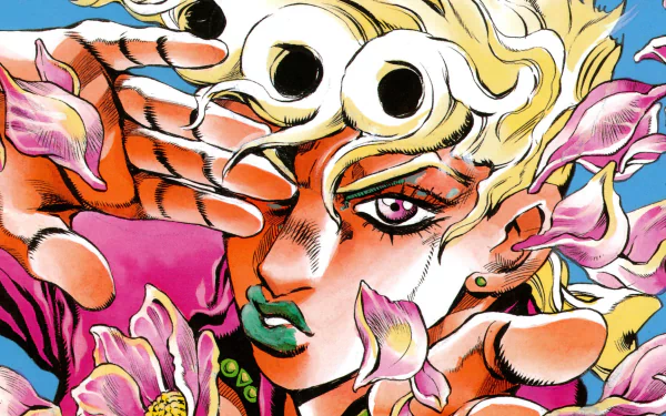 Vibrant HD wallpaper featuring Giorno Giovanna from the anime Jojo's Bizarre Adventure, surrounded by petals, showcasing a striking pose and captivating expression.