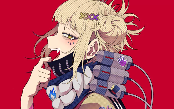 HD PC desktop wallpaper featuring Himiko Toga from My Hero Academia, showcasing her distinctive hairstyle and playful expression against a bold red background.