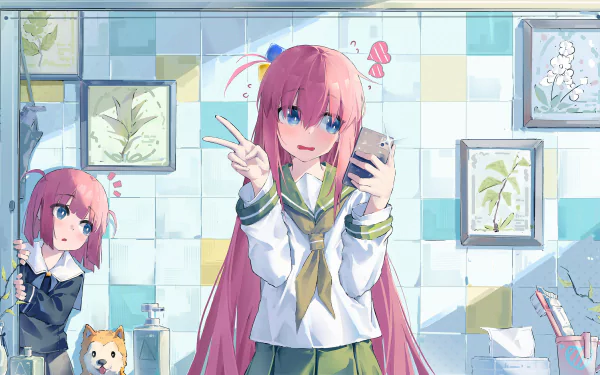 A vibrant 4K Ultra HD wallpaper featuring Hitori Gotou from Bocchi the Rock! happily taking a selfie, with another character in the background and a playful atmosphere.