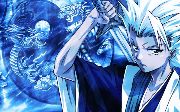 HD desktop wallpaper featuring Tōshirō Hitsugaya from the anime Bleach, showcasing his white hair and intense expression, with an intricate blue background of dragons.
