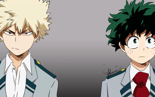 HD desktop wallpaper featuring Izuku Midoriya and Katsuki Bakugou from the anime My Hero Academia, dressed in their school uniforms, with a neutral gray background.