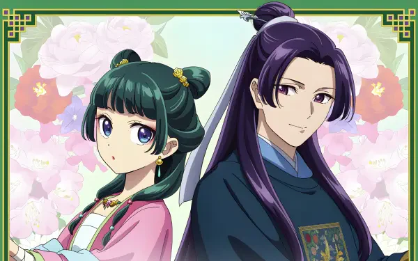 Anime-style 4K Ultra HD wallpaper featuring Maomao and Jinshi from The Apothecary Diaries, set against a floral background with elegant traditional attire.