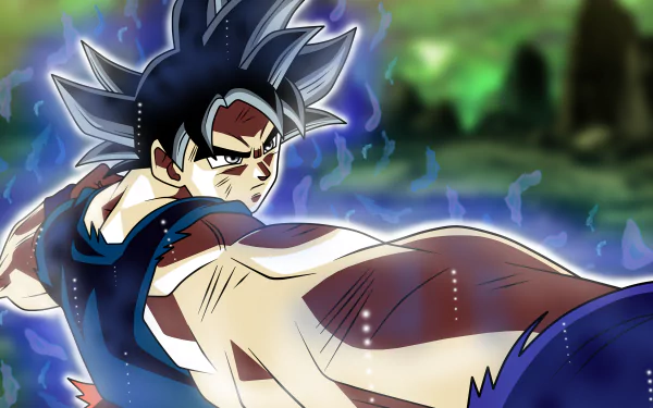 HD desktop wallpaper featuring Goku from Dragon Ball Super. The anime character is set against a vibrant background, exuding energy.