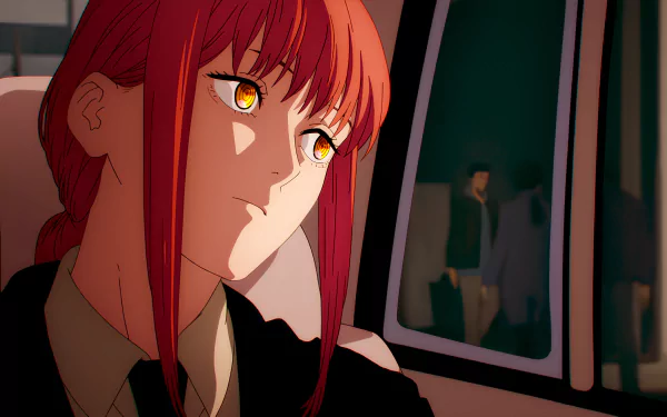 Makima from Chainsaw Man is captured in a detailed 8K Ultra HD anime wallpaper, featuring vibrant colors and expressive eyes, set against a dimly lit background.