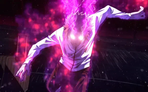 HD anime desktop wallpaper featuring Itoshi Sae from Blue Lock, surrounded by intense purple and pink energy effects in a dynamic action pose.